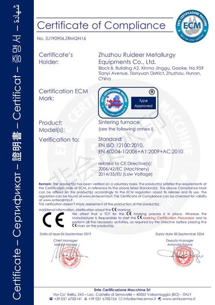 چین Zhuzhou Ruideer Metallurgy Equipment Manufacturing Co.,Ltd گواهینامه ها
